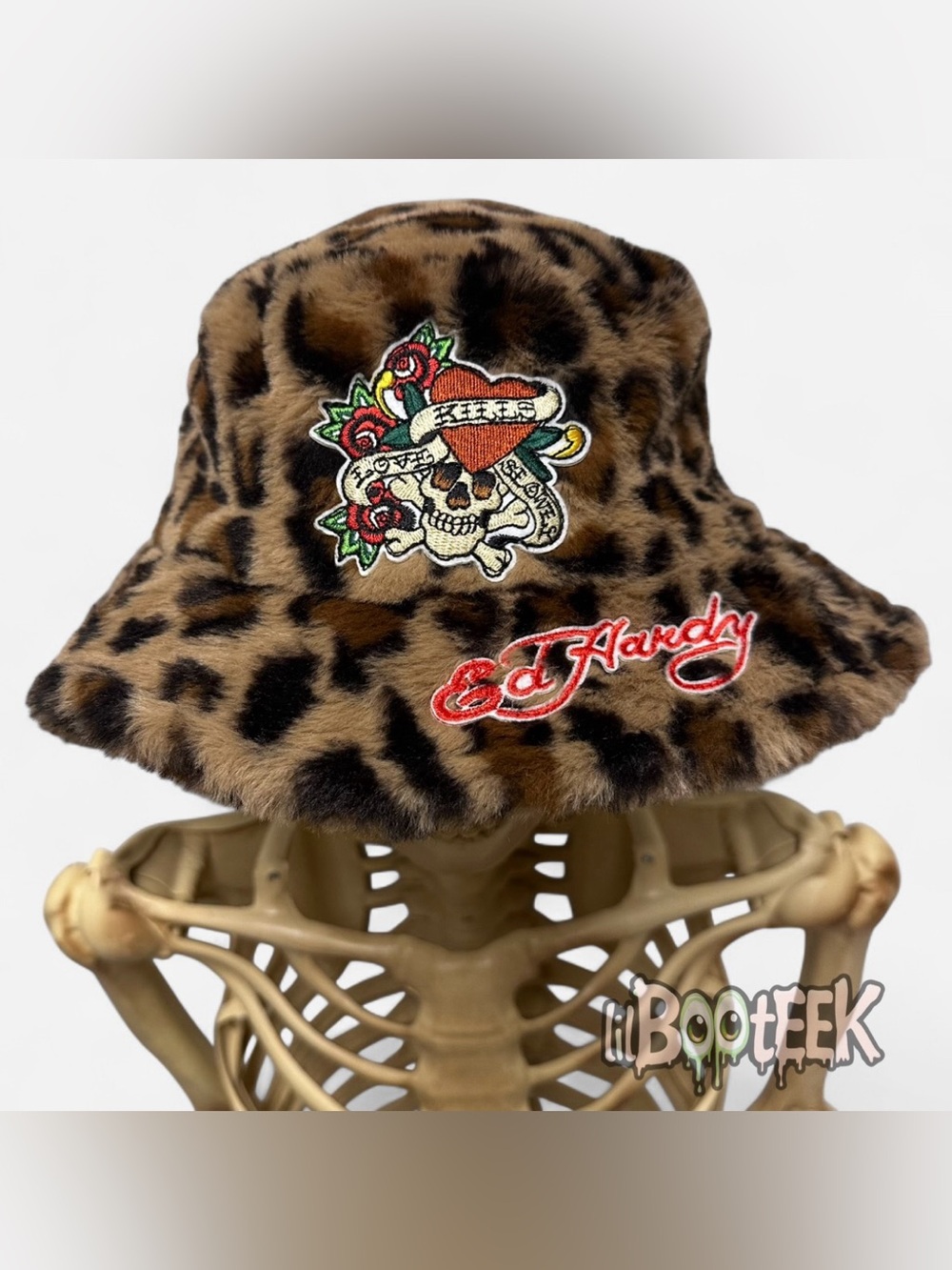 Ed Hardy Faux Fur Bucket Hat Leopard Print Embroidered LKS Logo OS NEW VIRAL Y2K